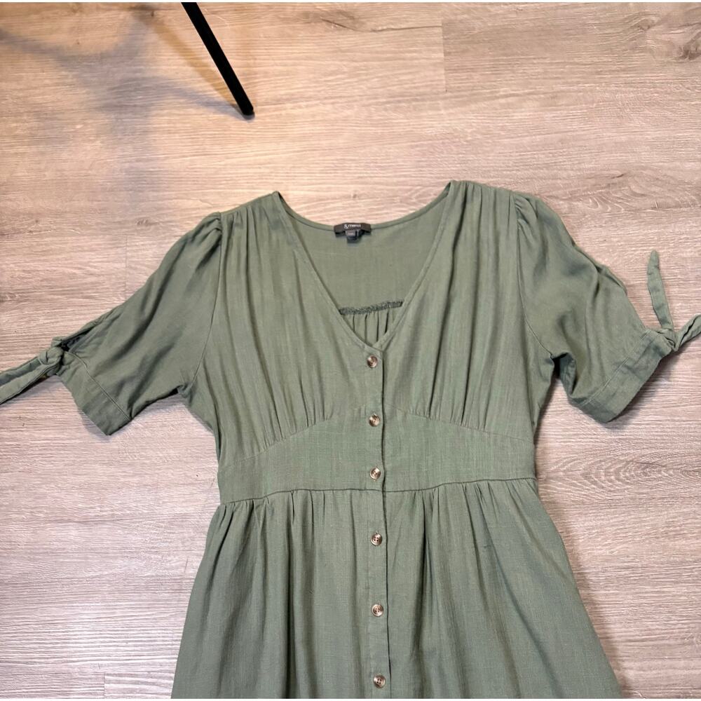 &Merci Sage Green Linen Midi Button Front Peasant Dress Large Fit Flare Casual - Picture 9 of 14